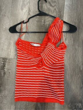 ZARA Knit Orange White Striped One Shoulder Twist Knit Tank Top